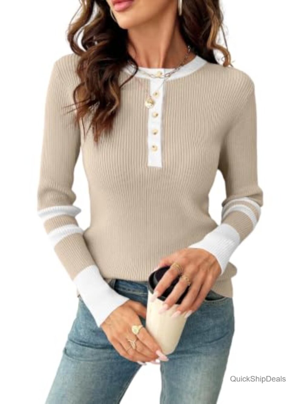 Viscose Blend Patchwork Button Knit Sweater V-Neck Slim Fit Pullover
